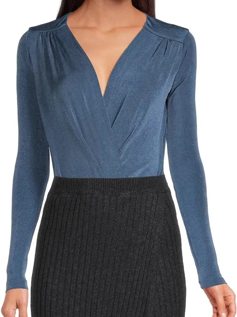Draped Teal Long-Sleeve Surplice Bodysuit